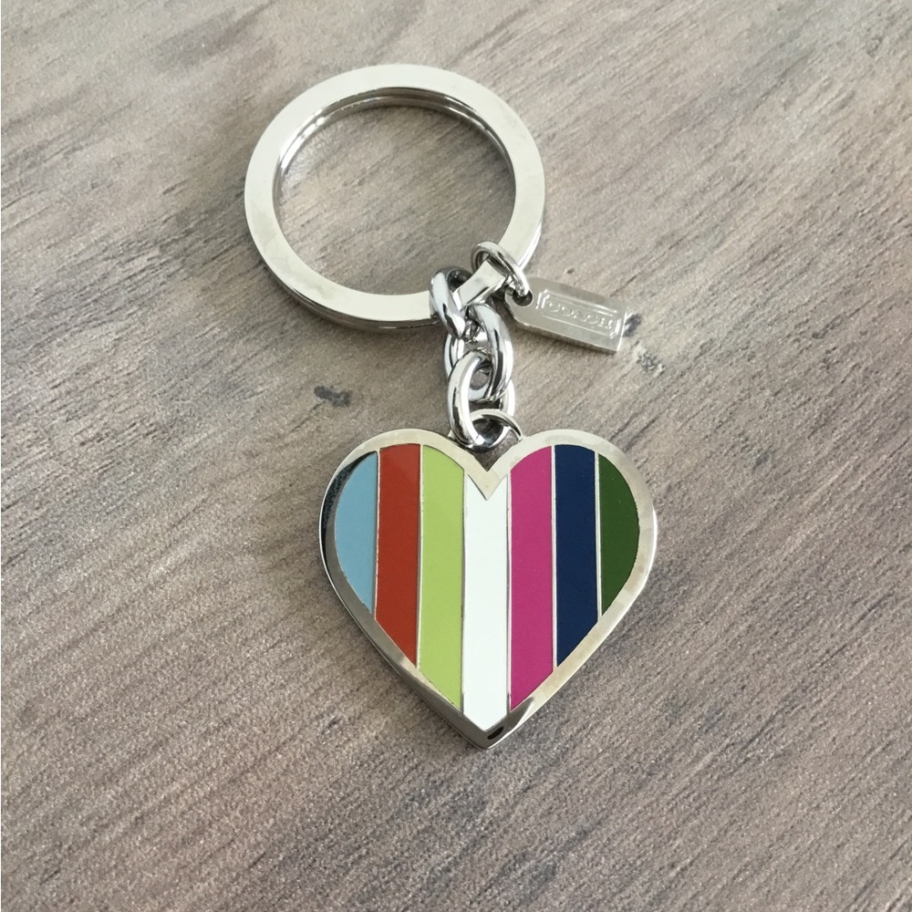 Coach Legacy Striped Heart in Multi Colors with Silver Keychain & Hangtag